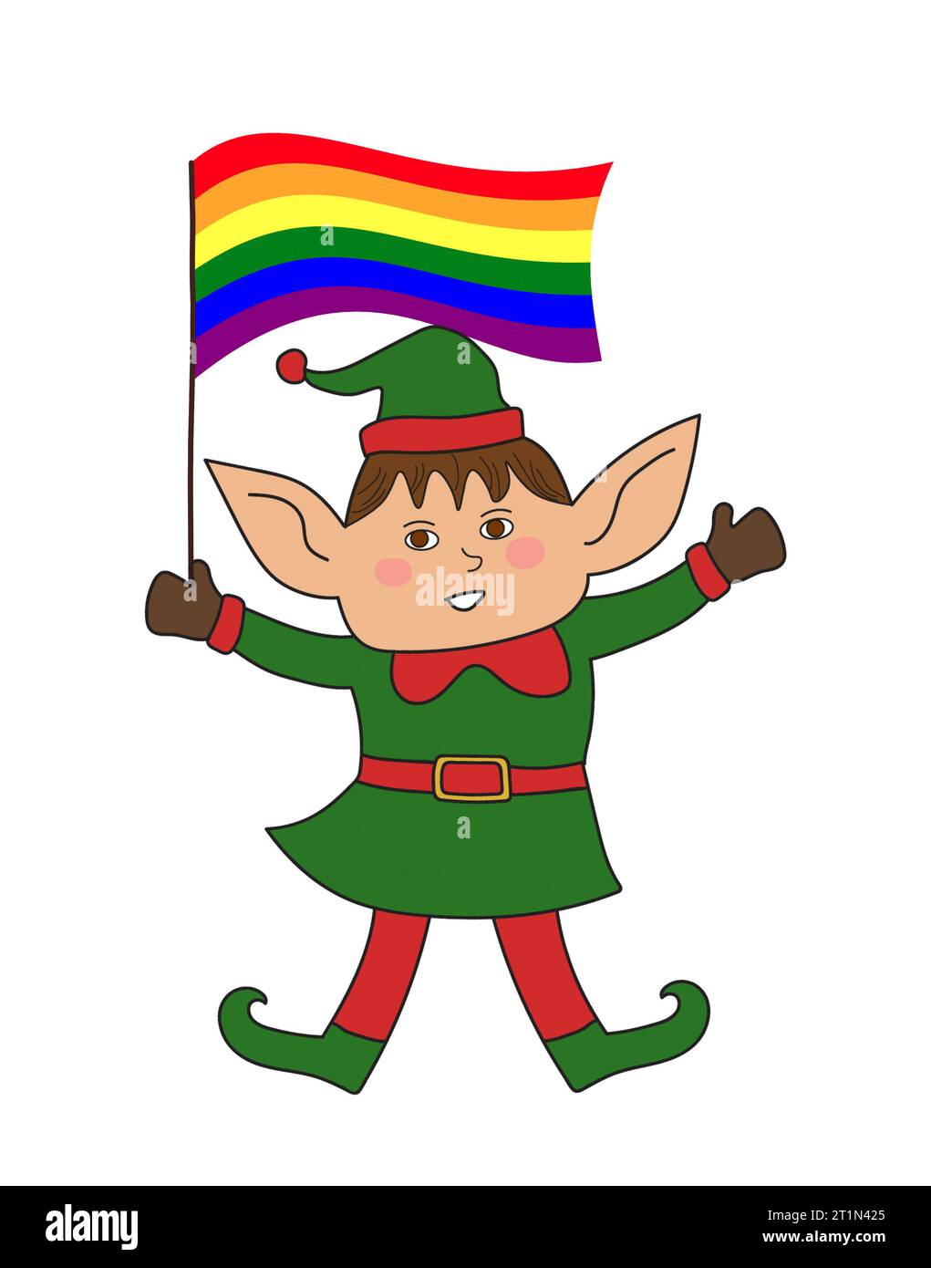 Mignon main d'elfe de Noël tenant le drapeau arc-en-ciel gay fierté. Dessin de dessin animé clipart, isolé sur fond blanc. Banque D'Images