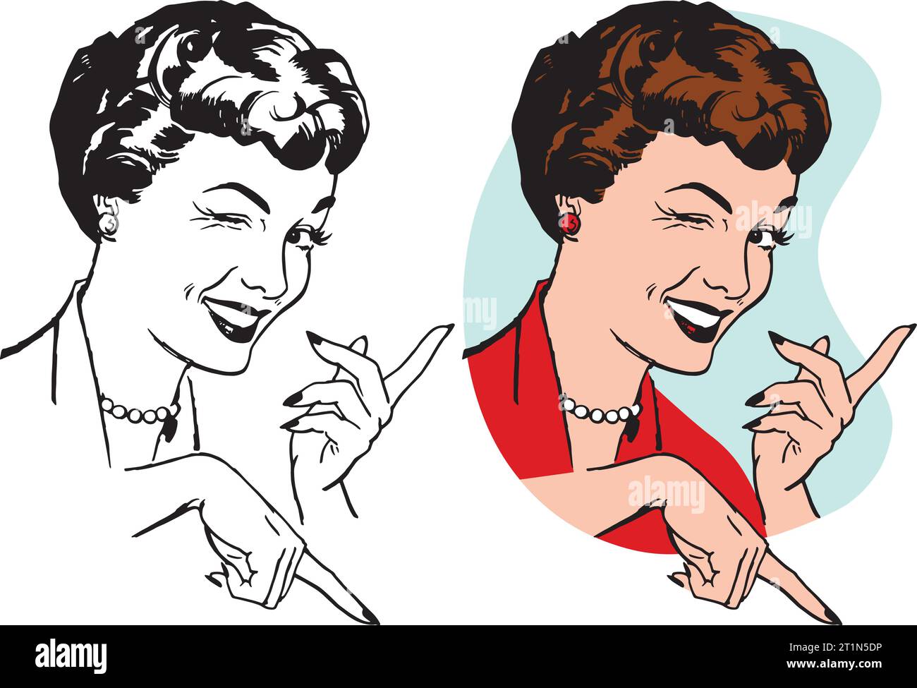Une illustration rétro vintage d'une femme attrayante pointant dans deux directions. Illustration de Vecteur