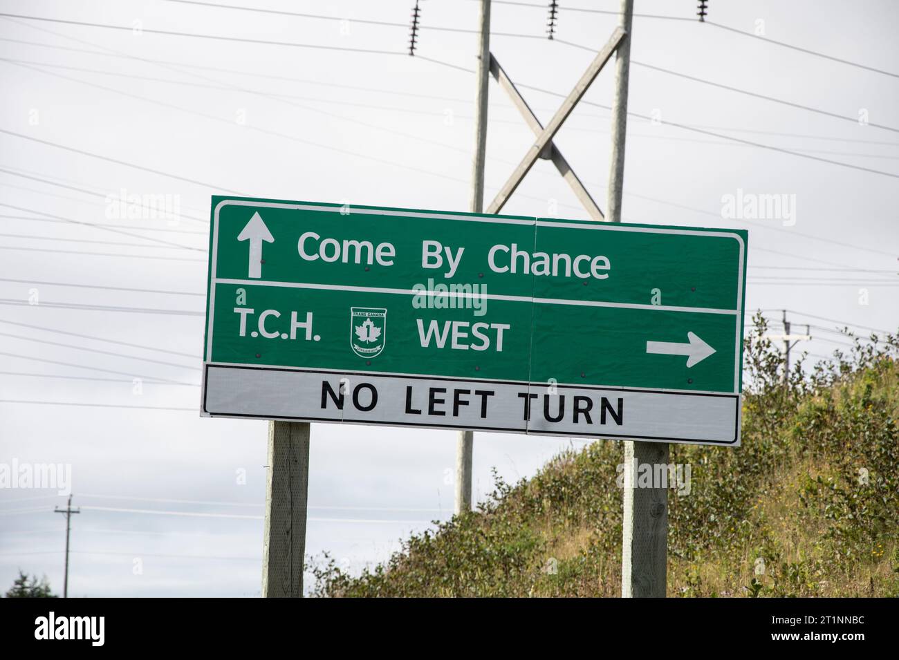 Panneau routier transcanadien à Come by chance, Terre-Neuve-et-Labrador, Canada Banque D'Images