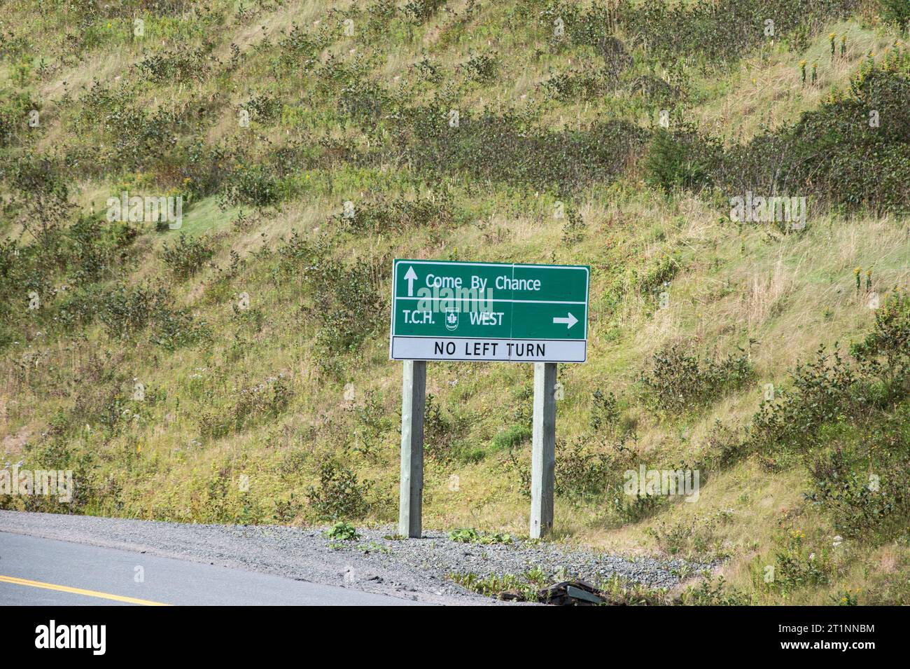 Panneau routier transcanadien à Come by chance, Terre-Neuve-et-Labrador, Canada Banque D'Images