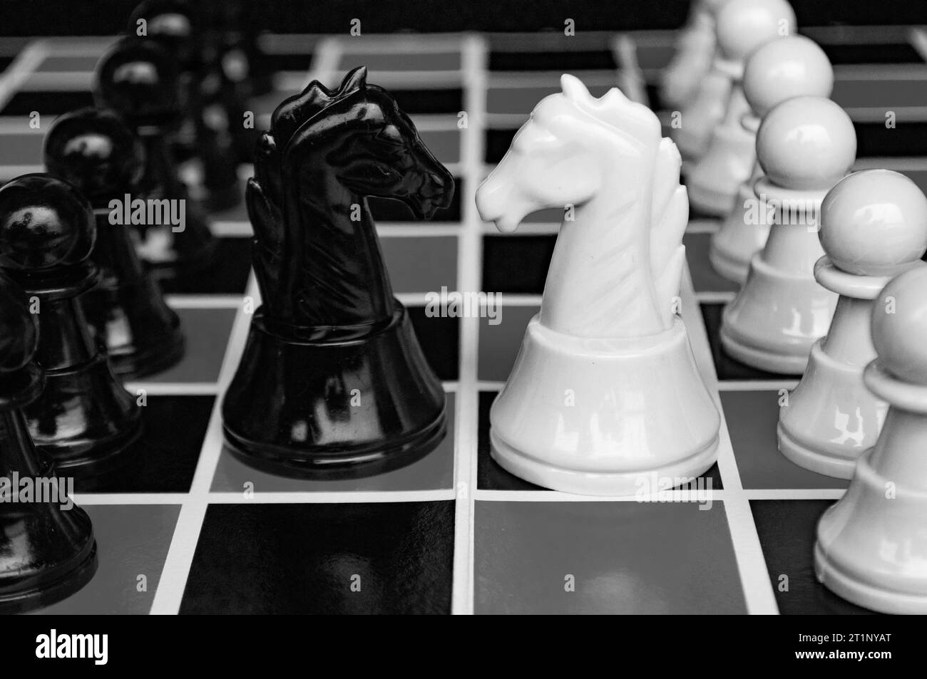 Vue sélective des échecs de chevalier se déplaçant vers pour la bataille avec fond noir et blanc. Stratégie et concept tactique Banque D'Images