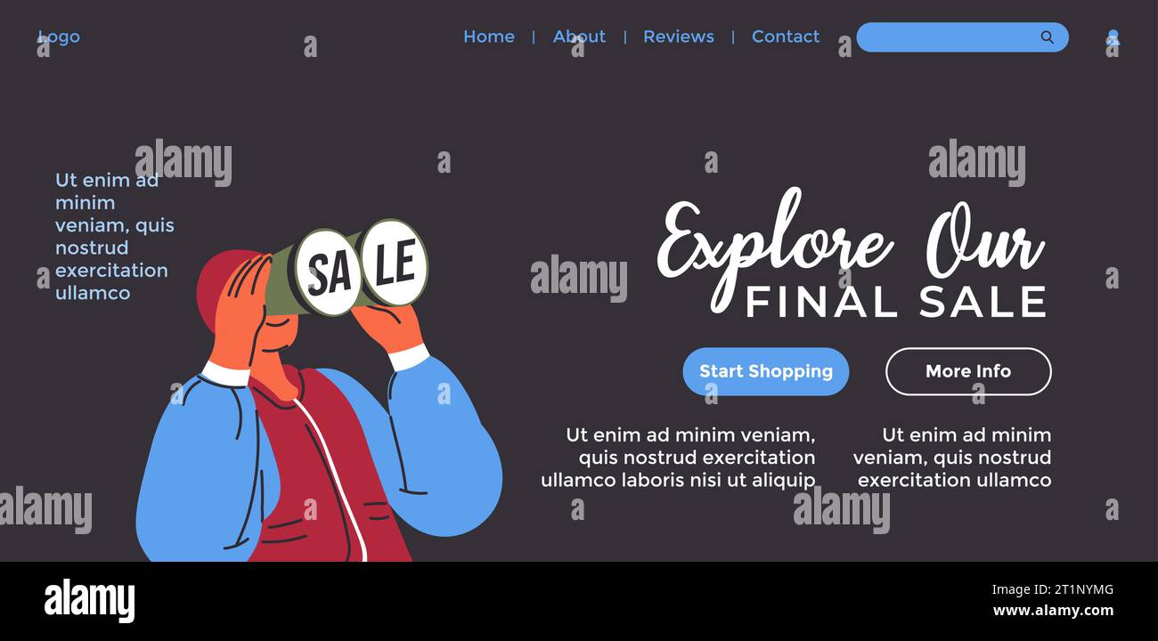 Vente finale, explorez notre boutique avec des réductions et des offres spéciales pour les clients et les clients. Achetez des marchandises et commandez en ligne, obtenez plus d'informations. Page d'accueil du site Web Illustration de Vecteur