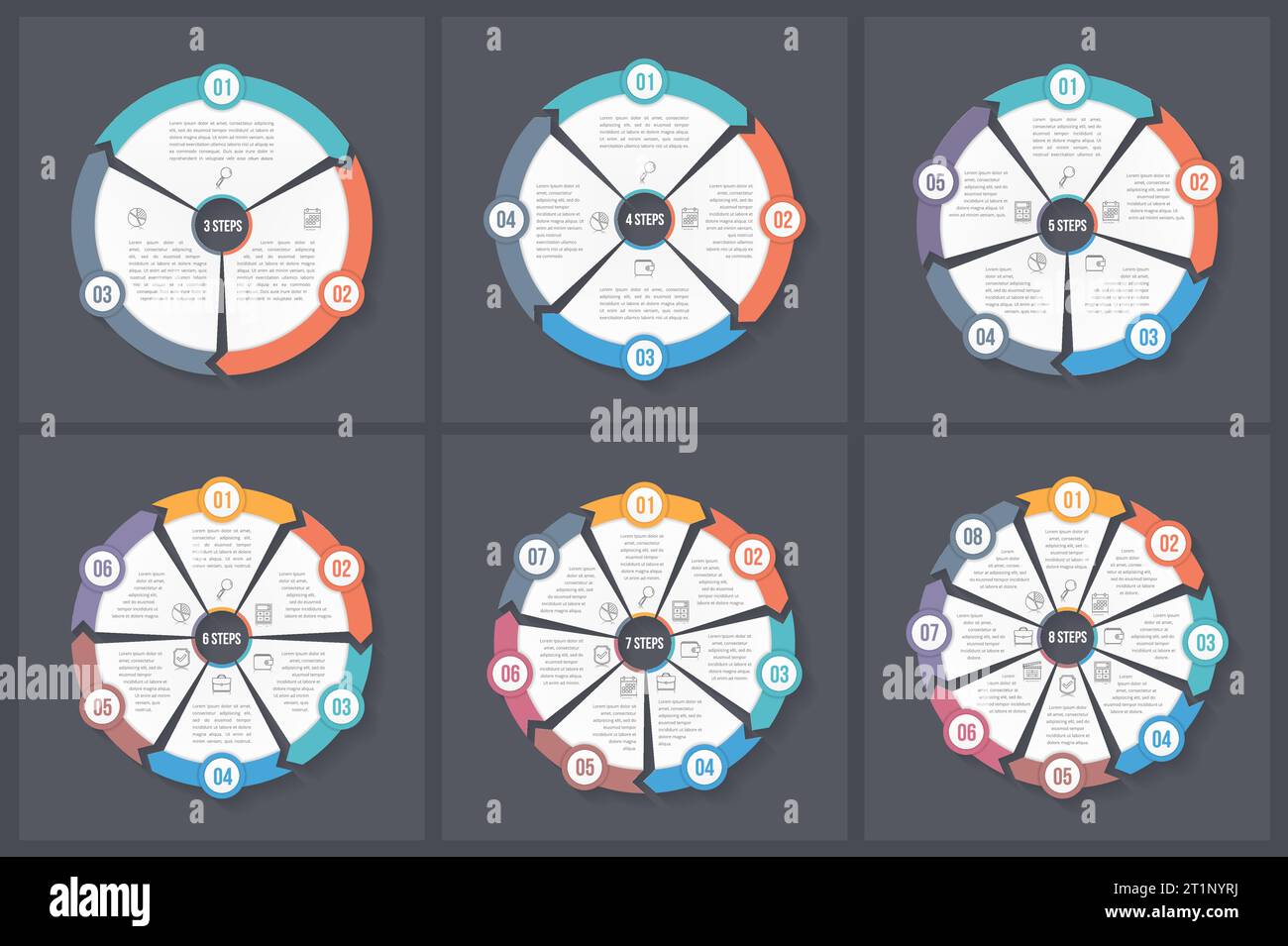 Infographie des modèles avec cercle 3, 4, 5, 6, 7 et 8 éléments, étapes ...