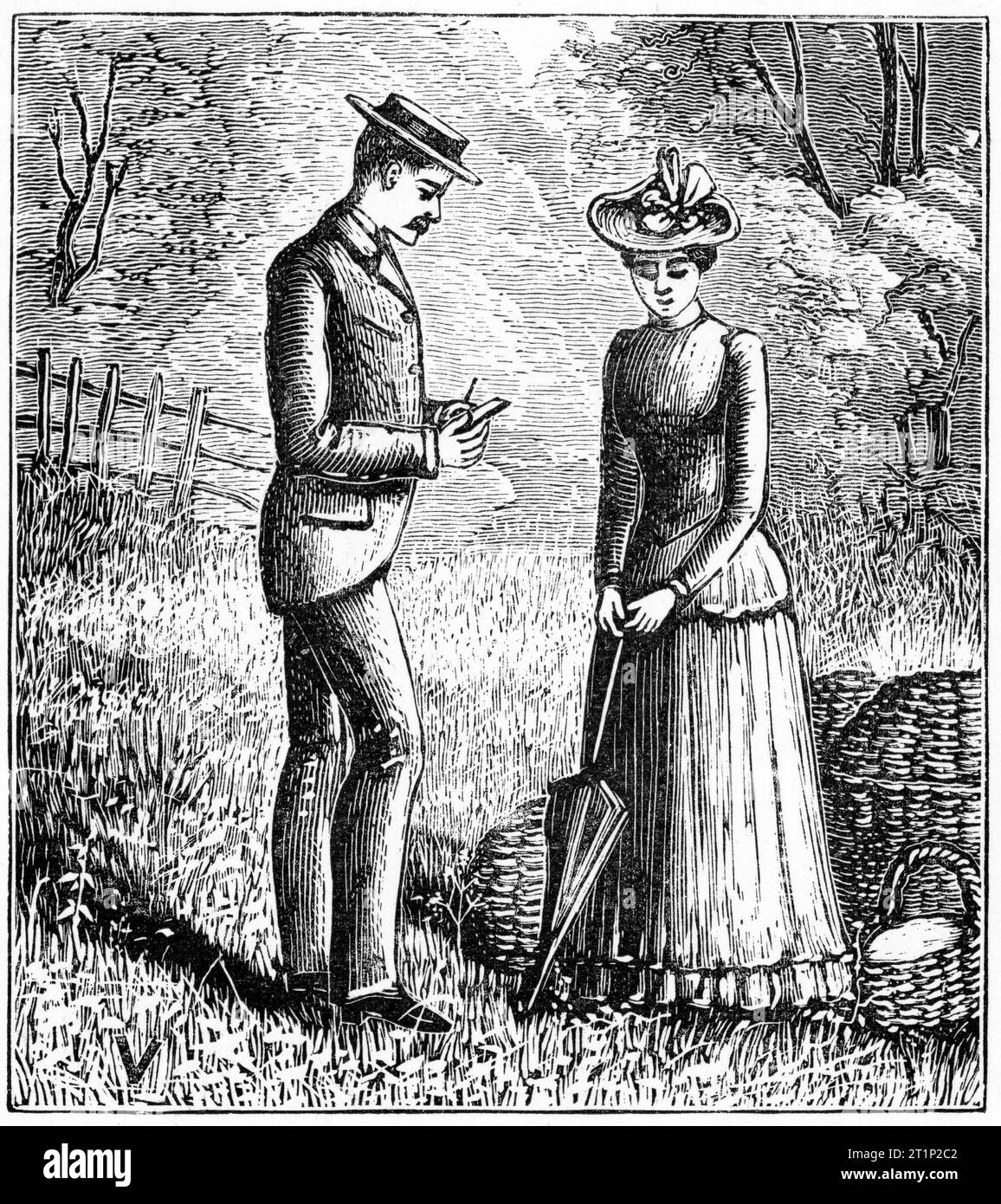 Gravure d'un jeune homme avec un cahier interrogeant une jeune femme dans un jardin, vers 1880 Banque D'Images