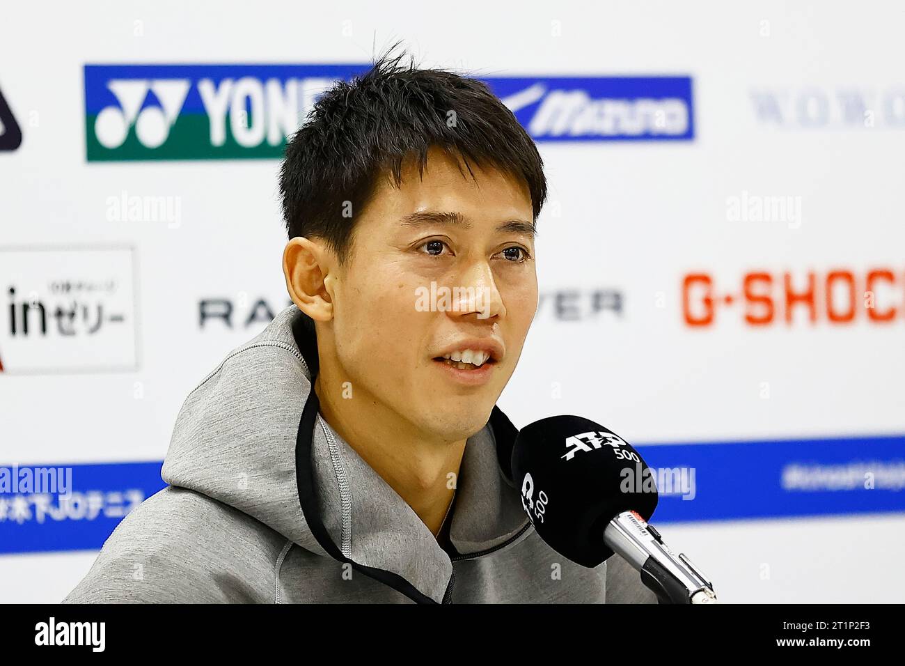 Tokyo, Japon. 15 octobre 2023. Le joueur de tennis professionnel japonais Kei NISHIKORI prend la parole lors d'une conférence de presse pour les championnats du Japon Open de tennis du Kinoshita Group 2023 à l'Ariake Coliseum. Il s'agit du tournoi ATP Tour le plus ancien en Asie, organisé pour la première fois en 1972. Le tournoi se déroule du 16 au 22 octobre. (Image de crédit : © Rodrigo Reyes Marin/ZUMA Press Wire) USAGE ÉDITORIAL SEULEMENT! Non destiné à UN USAGE commercial ! Crédit : ZUMA Press, Inc./Alamy Live News Banque D'Images