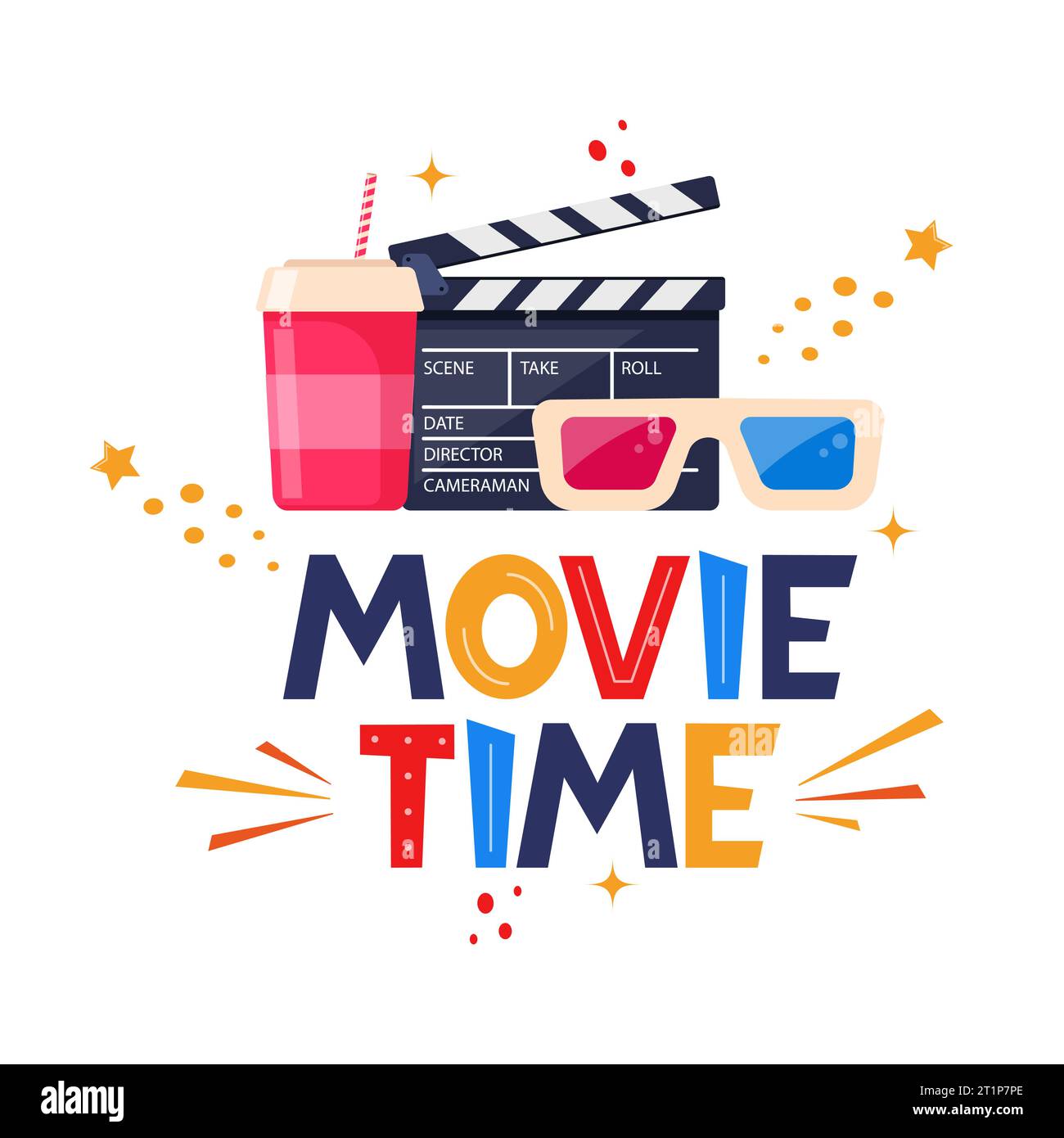 Lettrage de dessin à la main de temps de film. Modèle créatif pour affiche de cinéma, bannière. Concept de temps de film avec des éléments de cinéma. Illustration vectorielle Illustration de Vecteur