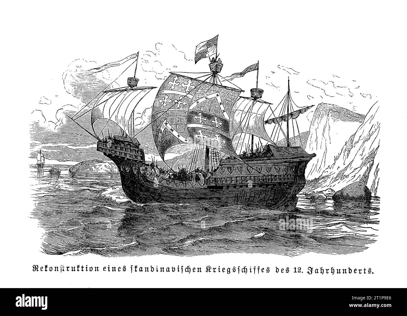 Reconstruction d'un navire de guerre scandinave du 12e siècle puissante forteresse à voile avec une coque plus profonde. Banque D'Images