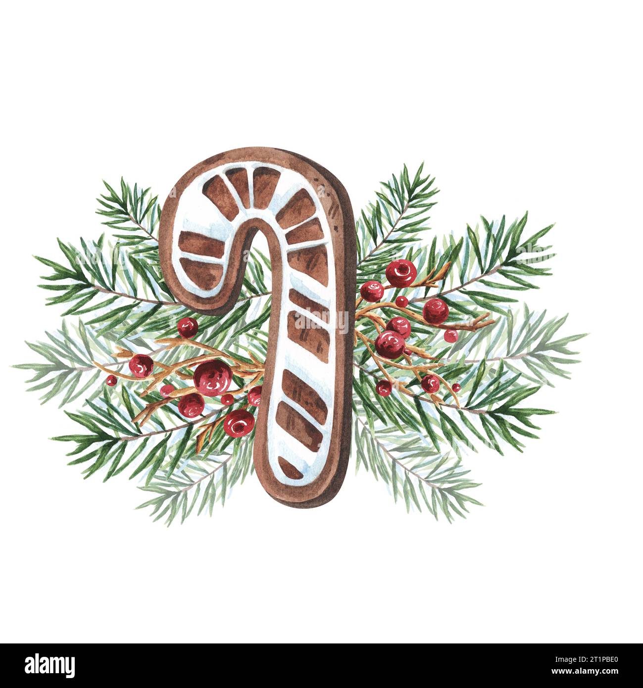 Cône de bonbon de biscuit de pain d'épice à l'aquarelle avec des branches de sapin et des baies isolées sur fond blanc. Illustration de nourriture de Noël aquarelle. Pour déco Banque D'Images