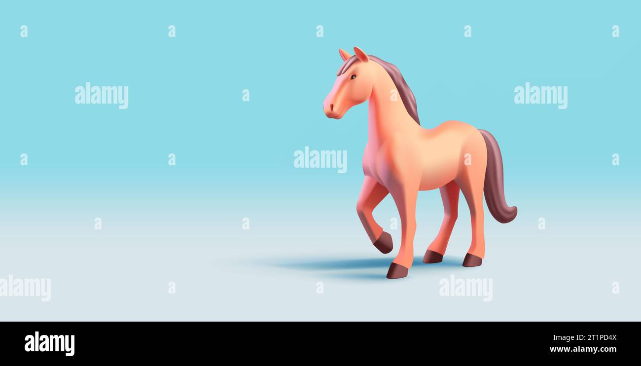 illustration de rendu 3d de cheval, icône réaliste en plastique, étape de cheval faisant, queue brune et crinière, corps beige, isolé sur bleu Illustration de Vecteur