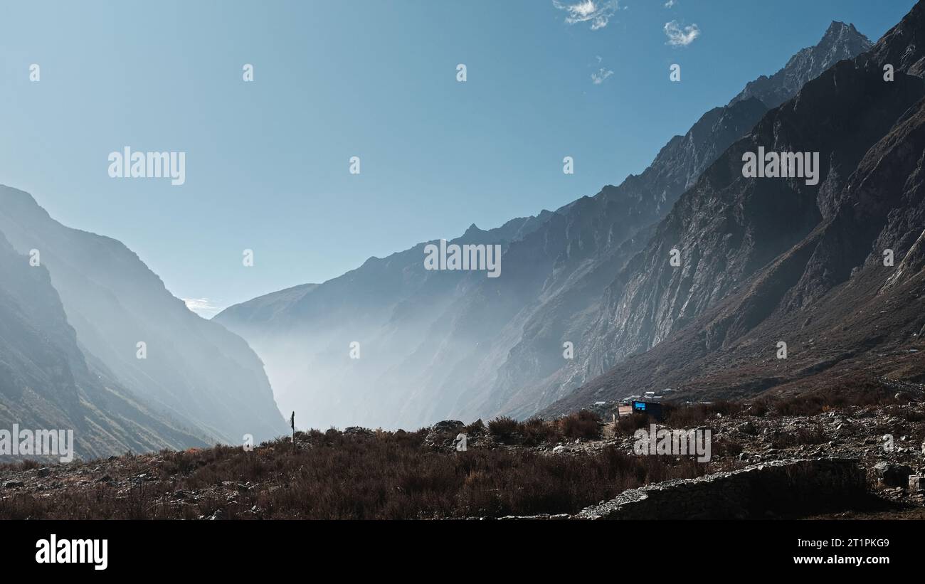 Une vue sur la vallée du Langtang, 4 ans après le tremblement de terre, Népal, Asie Banque D'Images