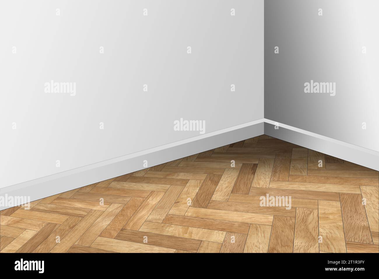 Gros plan d'un coin d'une pièce avec parquet en bois à chevrons et murs blancs, illustration 3d, plein cadre. Banque D'Images