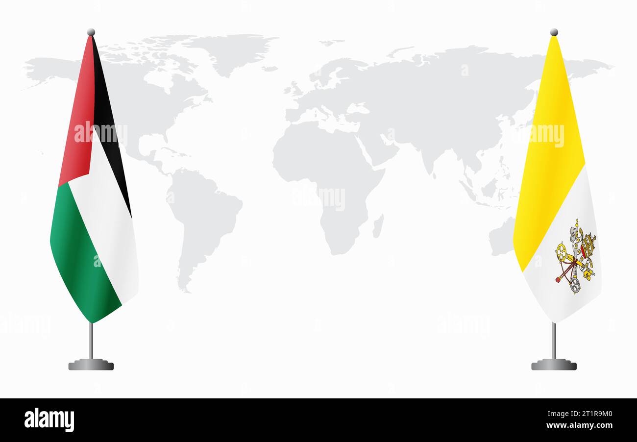 Drapeaux de Palestine et du Vatican pour réunion officielle sur fond de carte du monde. Illustration de Vecteur