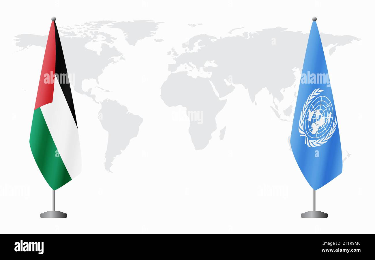 Drapeaux de Palestine et des Nations Unies pour réunion officielle sur fond de carte du monde. Illustration de Vecteur