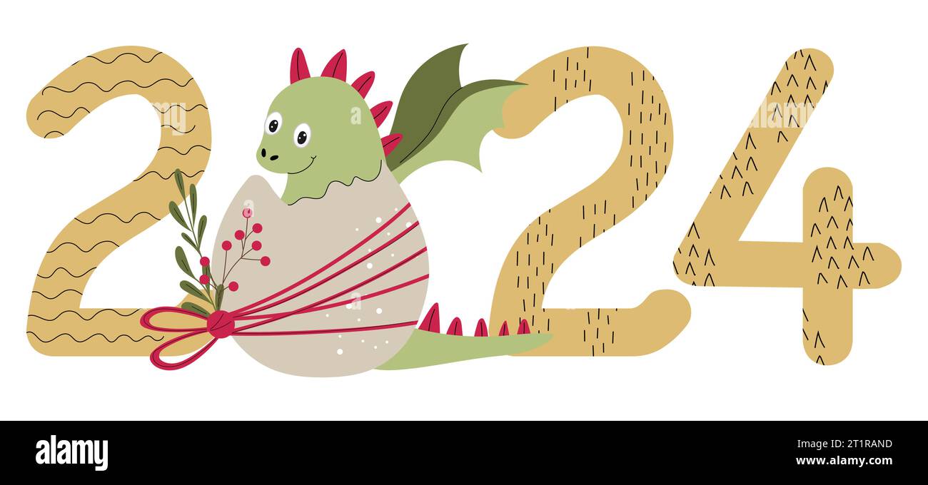 Bannière vectorielle nouvelle année 2024 avec bébé dragon mignon dans l'œuf au lieu de zéro. Chiffres dessinés à la main avec texture. Illustration de Vecteur