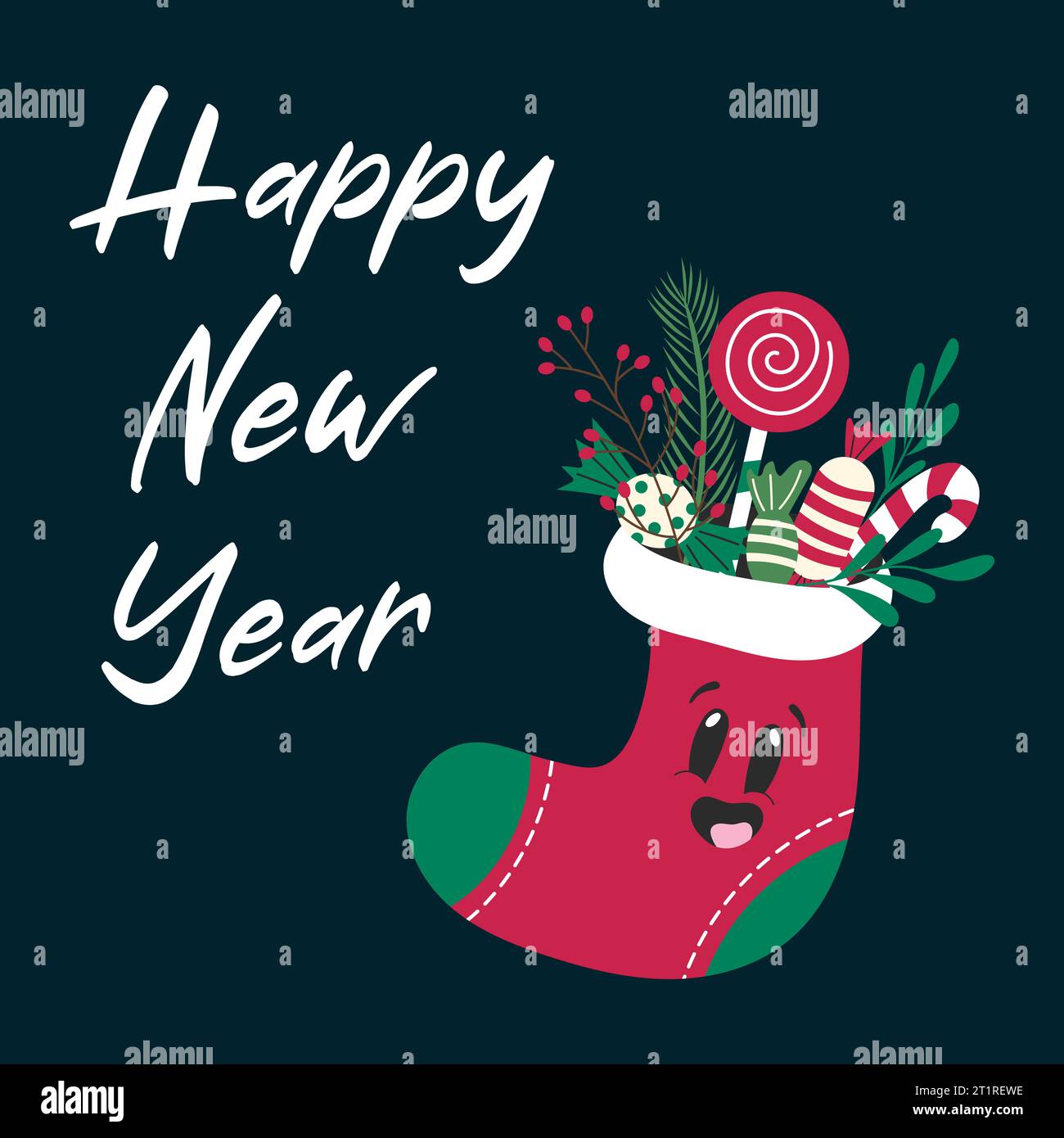 Carte de voeux drôle avec bas joyeux Noël plein de bonbons. Illustration de Vecteur