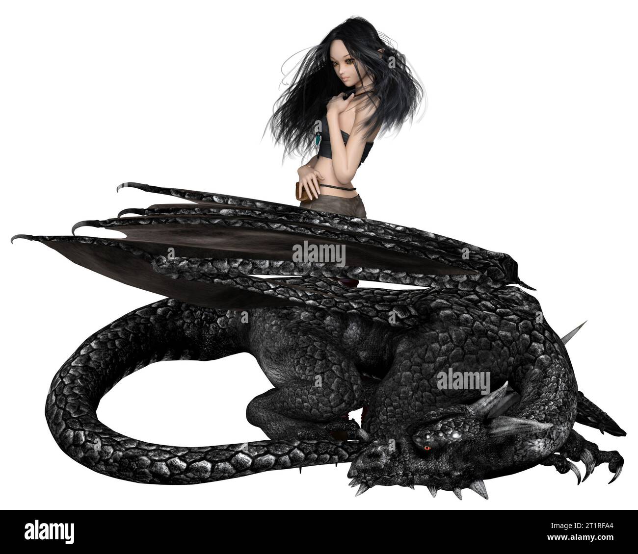 Femme Dragon Tamer et Dragon Noir Banque D'Images