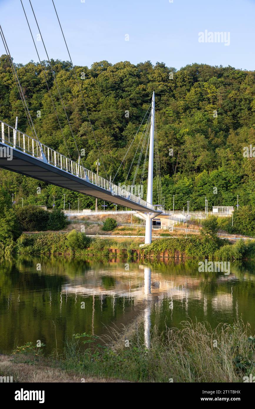 Pont suspendu métallique pour piétons avec câbles en acier sur la rivière Neckar près de Hassmersheim avec reflets Banque D'Images