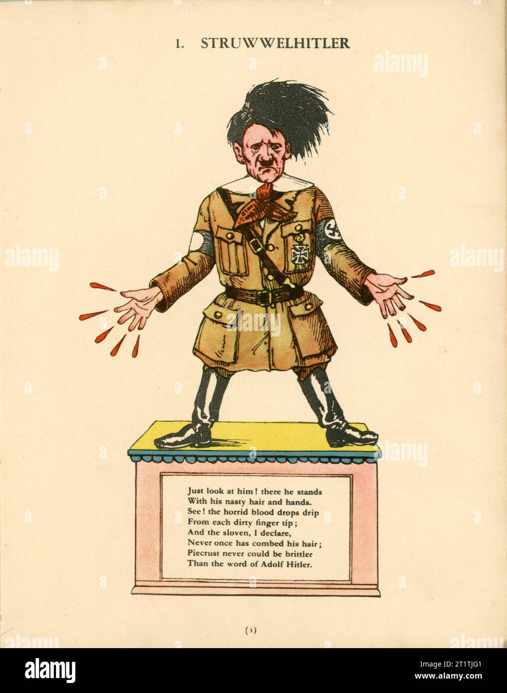 Caricature d'Adolf Hitler comme STRUWWELHITLER Un livre d'histoire nazie par Doktor Schrecklichkeit - Une parodie du Struwwelpeter original par Robert et Philip Spence présenté par eux au Daily Sketch War relief Fund publié en 1941 par Haycock Press Ltd Londres Banque D'Images