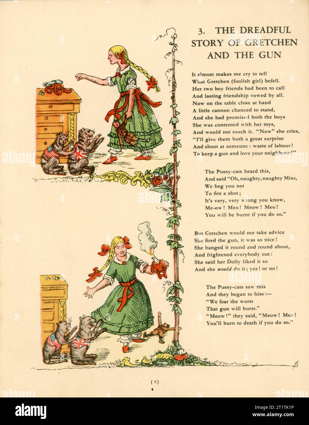 Première page de la terrible histoire de Gretchen et le fusil de STRUWWELHITLER Un livre d'histoire nazie par Doktor Schrecklichkeit - Une parodie du Struwwelpeter original par Robert et Philip Spence présenté par eux au Daily Sketch War relief Fund publié en 1941 par Haycock Press Ltd Londres Banque D'Images