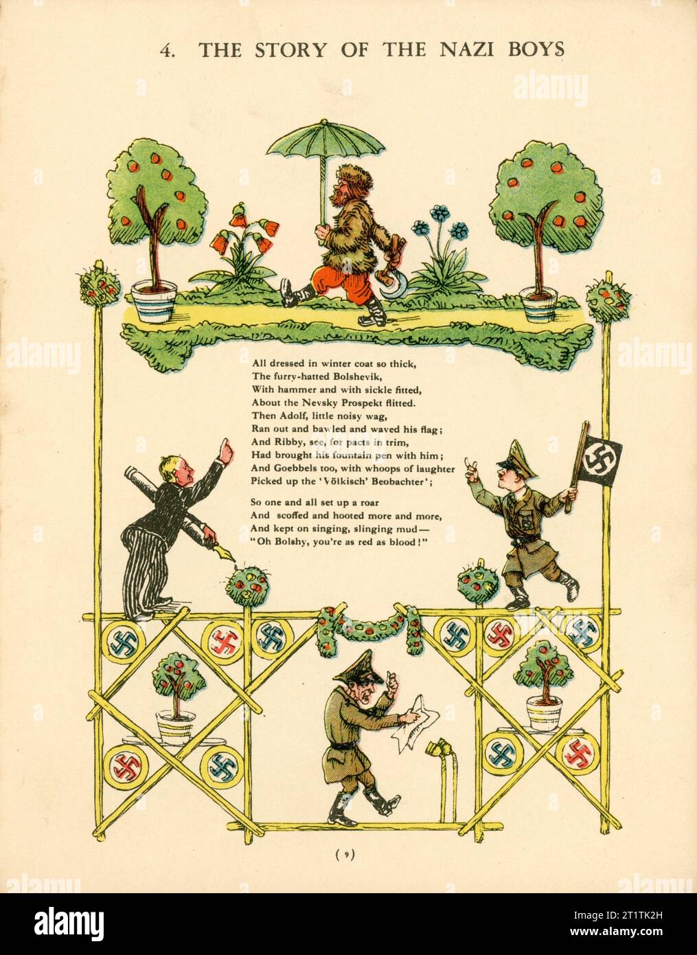 Première page de l'histoire des garçons nazis avec Joachim von Ribbentrop Adolf Hitler et Joseph Goebbels dans STRUWWELHITLER un livre d'histoire nazie par Doktor Schrecklichkeit - Une parodie du Struwwelpeter original par Robert et Philip Spence présenté par eux au Daily Sketch War relief Fund publié en 1941 par Haycock Press Ltd Londres Banque D'Images