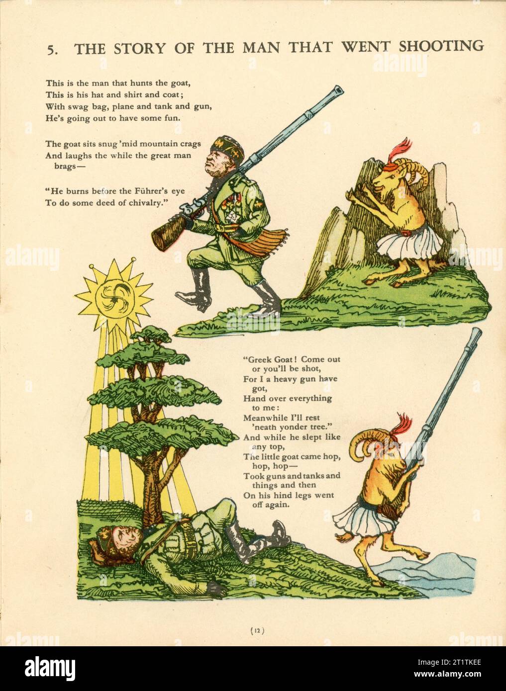 Première page de l'histoire de l'homme qui a tourné avec Benito Mussolini dans STRUWWELHITLER A Nazi Story Book par Doktor Schrecklichkeit - Une parodie du Struwwelpeter original par Robert et Philip Spence présenté par eux à la Daily Sketch War relief Fund publié en 1941 par Haycock Press Ltd Londres Banque D'Images