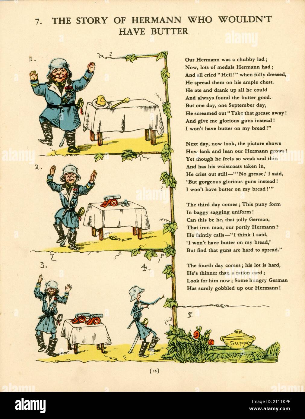 L'histoire de Hermann qui n'aurait pas de beurre avec Hermann Goering / Goring dans STRUWWELHITLER Un livre d'histoire nazi par Doktor Schrecklichkeit - Une parodie du Struwwelpeter original de Robert et Philip Spence présenté par eux au Daily Sketch War relief Fund publié en 1941 par Haycock Press Ltd Londres Banque D'Images
