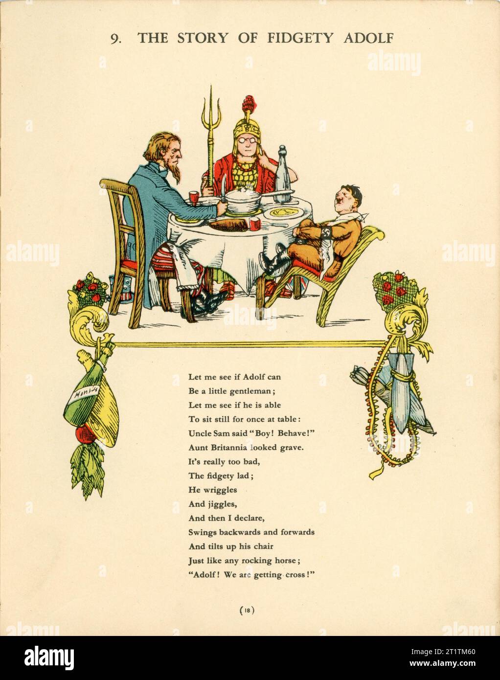 Première page de l'histoire de Fidgety Adolf avec Adolf Hitler dans STRUWWELHITLER Un livre d'histoire nazie par Doktor Schrecklichkeit - Une parodie du Struwwelpeter original par Robert et Philip Spence présenté par eux au Daily Sketch War relief Fund publié en 1941 par Haycock Press Ltd Londres Banque D'Images