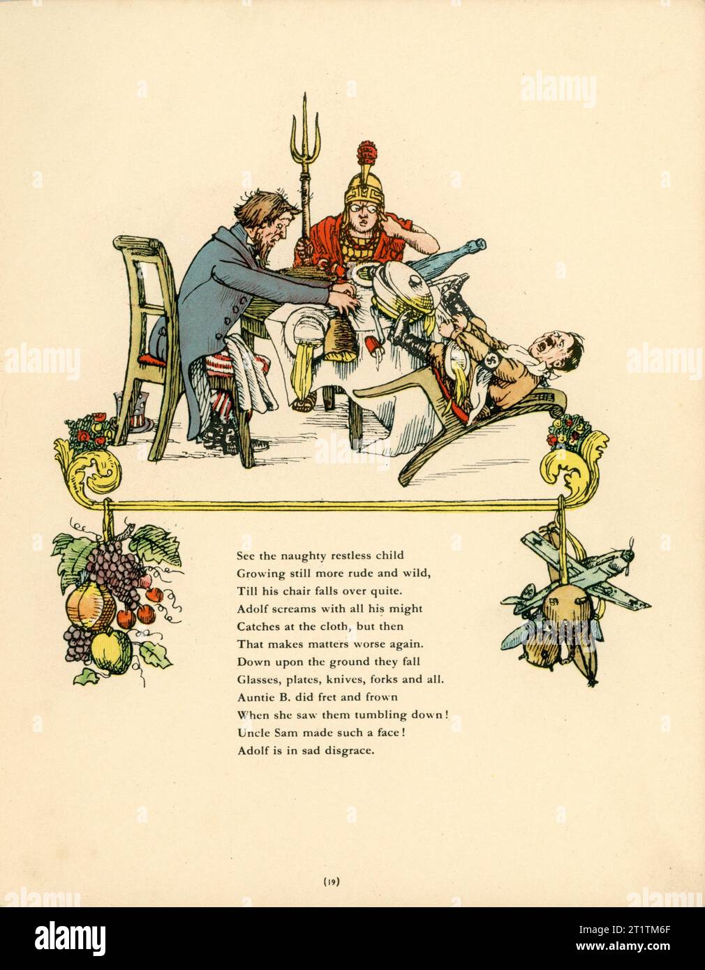 Deuxième page de l'histoire de Fidgety Adolf avec Adolf Hitler dans STRUWWELHITLER Un livre d'histoire nazie par Doktor Schrecklichkeit - Une parodie du Struwwelpeter original par Robert et Philip Spence présenté par eux au Daily Sketch War relief Fund publié en 1941 par Haycock Press Ltd Londres Banque D'Images