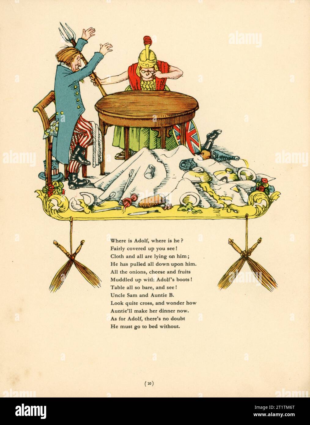 Troisième page de l'histoire de Fidgety Adolf avec Adolf Hitler dans STRUWWELHITLER Un livre d'histoire nazie par Doktor Schrecklichkeit - Une parodie du Struwwelpeter original par Robert et Philip Spence présenté par eux au Daily Sketch War relief Fund publié en 1941 par Haycock Press Ltd Londres Banque D'Images