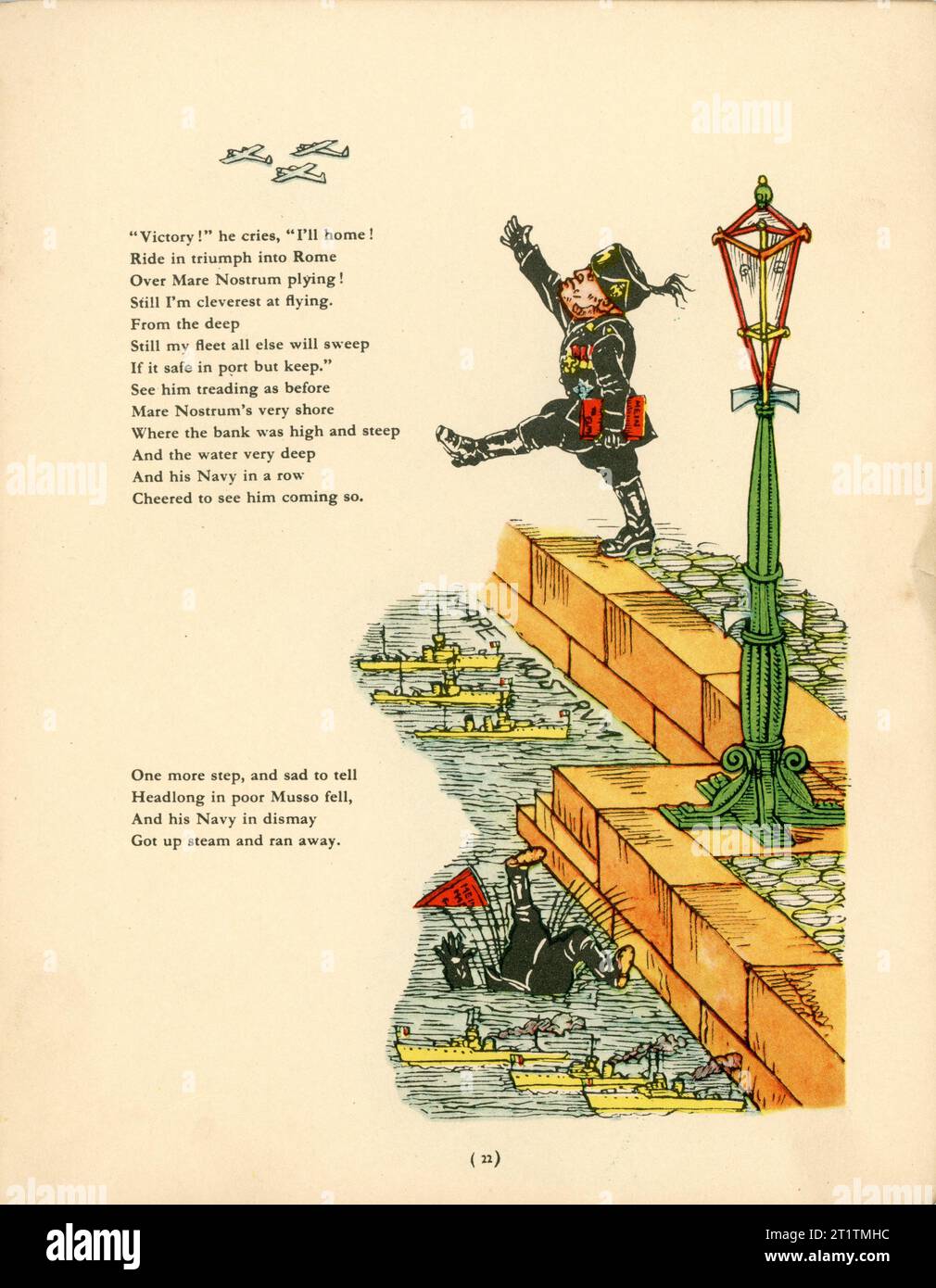 Deuxième page de l'histoire de Little Musso Head in the Air avec Benito Mussolini dans STRUWWELHITLER Une histoire nazie livre de Doktor Schrecklichkeit - Une parodie du Struwwelpeter original par Robert et Philip Spence présenté par eux à The Daily Sketch War relief Fund publié en 1941 par Haycock Press Ltd London Banque D'Images