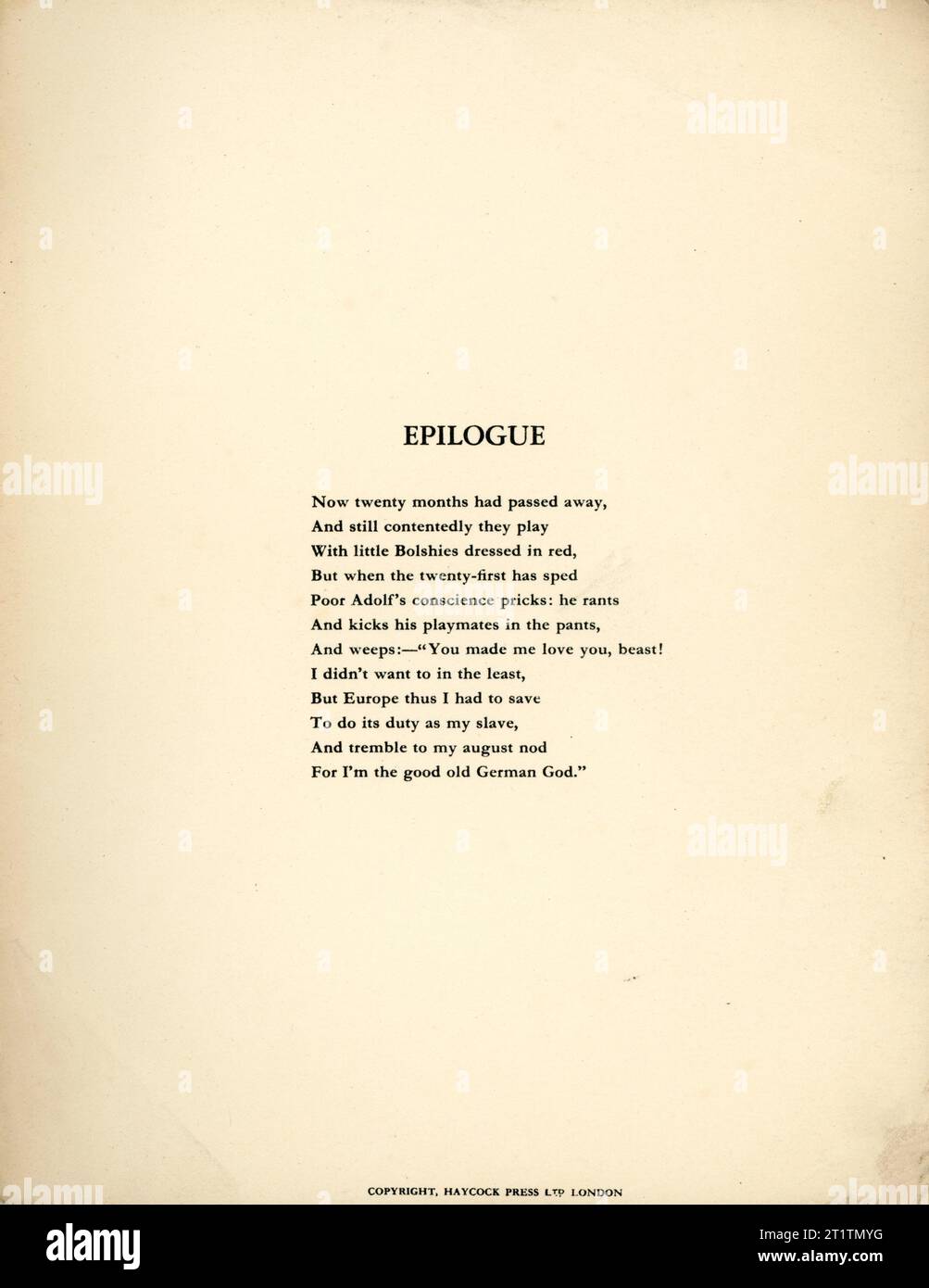 Epilogue sur la dernière page intérieure de STRUWWELHITLER Un livre d'histoire nazie par Doktor Schrecklichkeit - Une parodie du Struwwelpeter original par Robert et Philip Spence présenté par eux au Daily Sketch War relief Fund publié en 1941 par Haycock Press Ltd Londres Banque D'Images