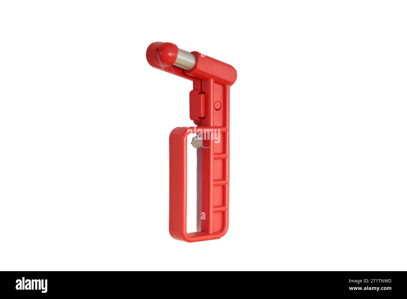 Marteau brise-vitre sur le train, tram, bus et voiture, isolé sur fond blanc. Marteau en verre de sécurité rouge monté ou suspendu près de la fenêtre Banque D'Images