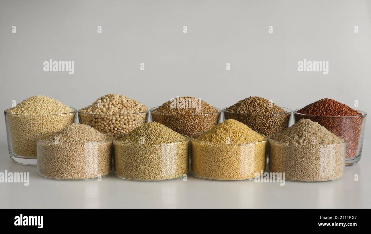 Une seule image montrant les neuf millets. Millets remplis dans des bols à bord disposés en 2 rangées. Ils sont Jowar, Bajra, Ragi, Jhangora, Barri, Kan Banque D'Images