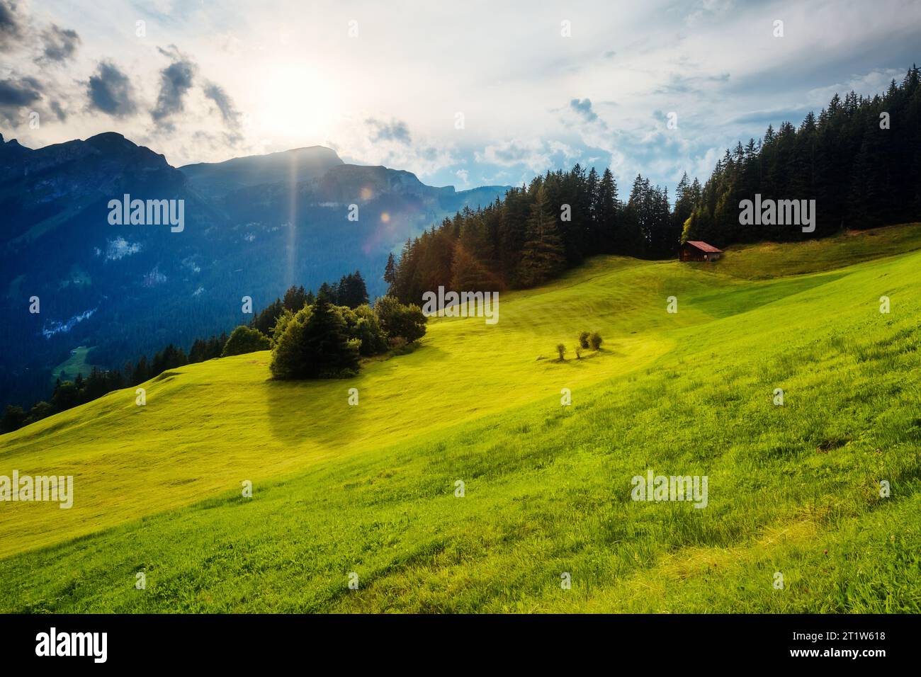 Vues fantastiques de l'endroit magique en plein soleil. Scène matinale pittoresque et magnifique. Localisation lieu Swiss alp, vallée de Lauterbrunnen, Ober bernois Banque D'Images