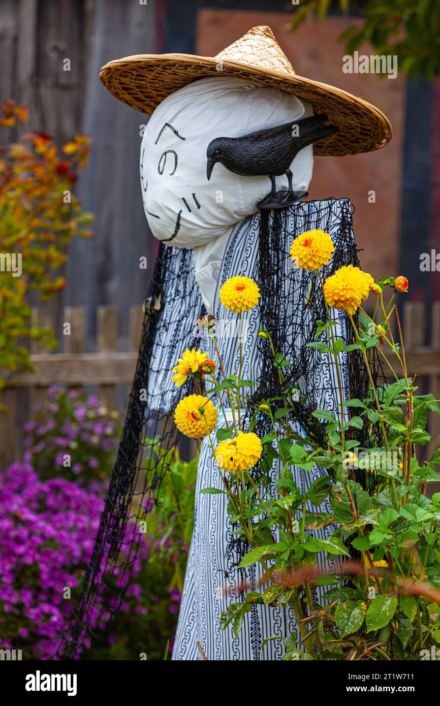 Épouvantail japonais dans le jardin Murakami au Britannia Ship Yard à Steveston, Colombie-Britannique Canada Banque D'Images