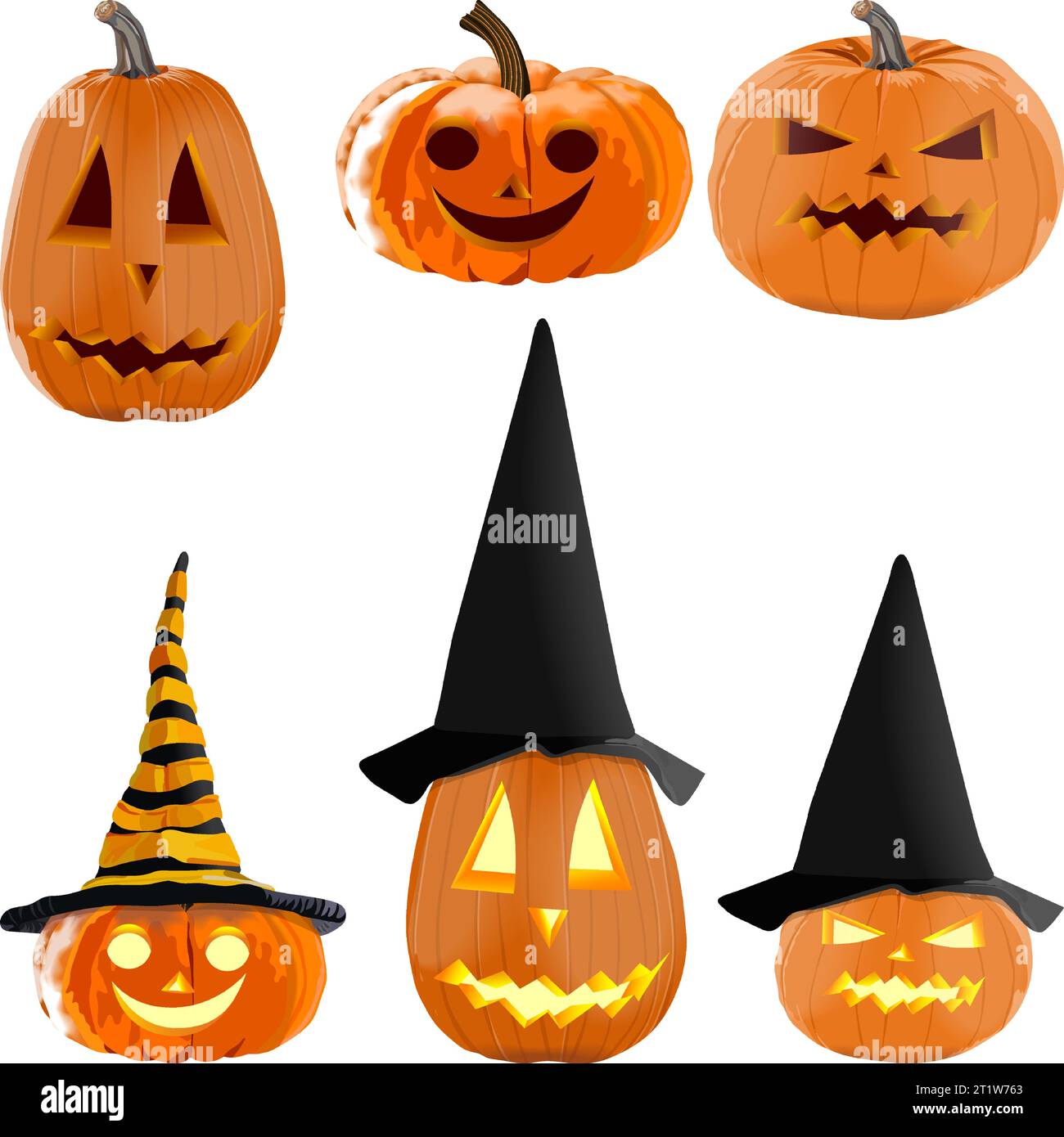 Citrouilles sculptées brillantes pour Halloween. Citrouille orange avec chapeau noir et jaune-noir pour bannières, dépliants, affiches, cartes. Citrouille lanterne. Octobre. V Illustration de Vecteur