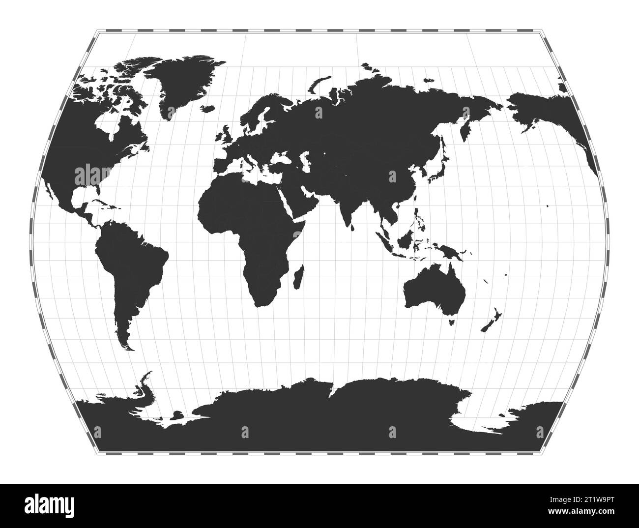 Carte du monde vectorielle. La projection Times de John Muir. Carte géographique du monde simple avec les lignes de latitude et de longitude. Centré sur 60 degrés de longitude O. Illustration de Vecteur