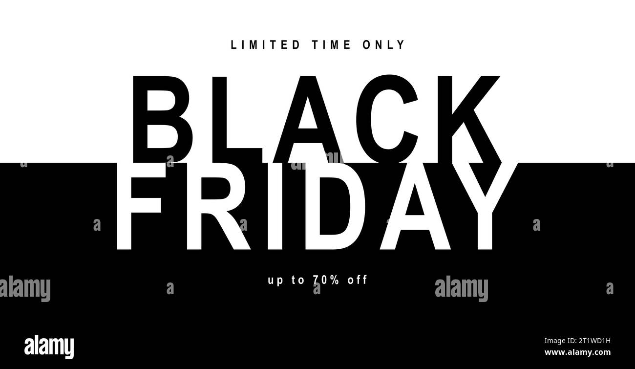 Bannière promotionnelle de la vente du Vendredi fou. Design minimaliste moderne avec typographie noir et blanc. Banque D'Images