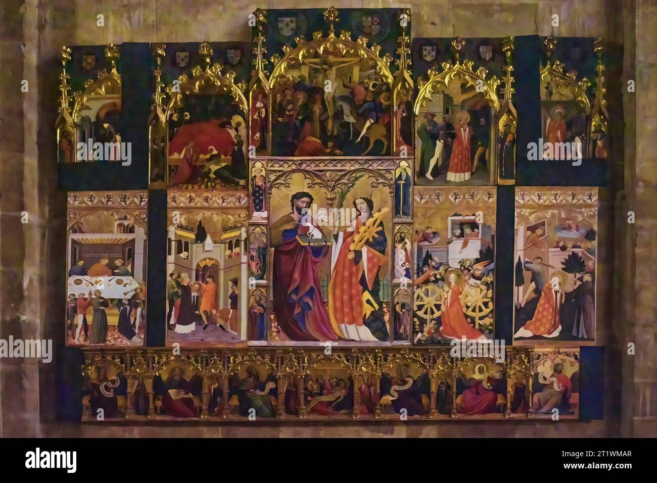 Retable de Saint Jean Baptiste et Sainte Catherine, huile sur panneau du 15e siècle dans la cathédrale Santa Maria, Sigüenza, Guadalajara, Espagne Banque D'Images