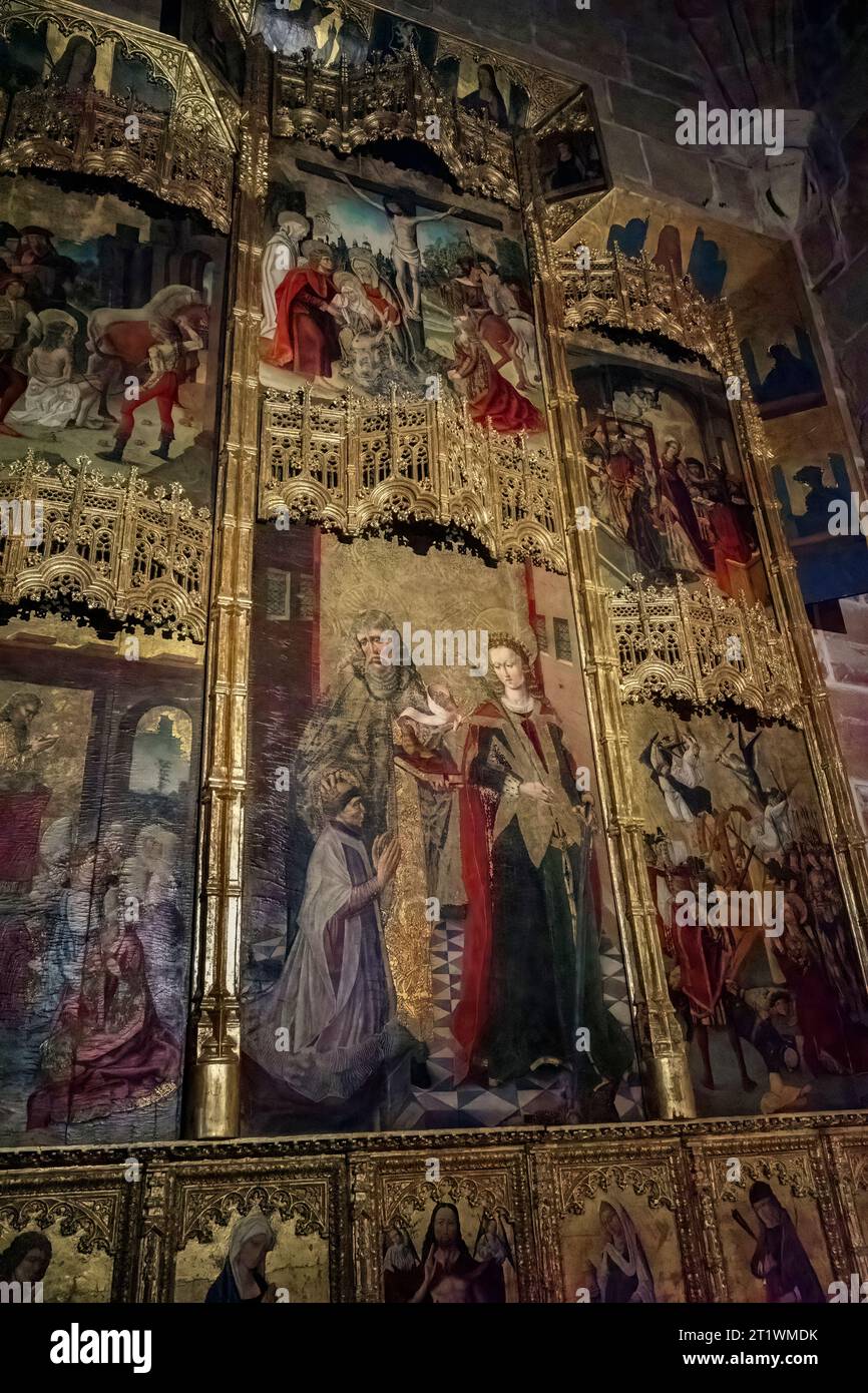 Attribué à Maître Bartolomé. Saint Marc et Sainte Catherine avec Don Juan Ruiz de Pelegrina, 15e siècle, Cathédrale Santa Maria, Sigüenza, Espagne. Banque D'Images