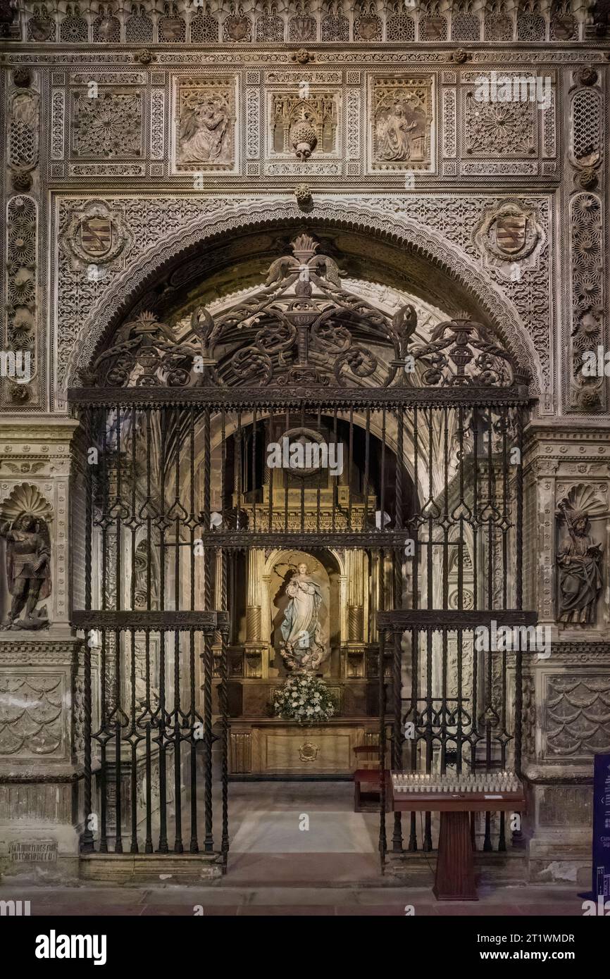 Porte chapelle de la grille de l'Annonciation travail par Juan Francés et deux belles niches avec Santiago et San Miguel, cathédrale Sainte Marie, Sigüenza. Banque D'Images