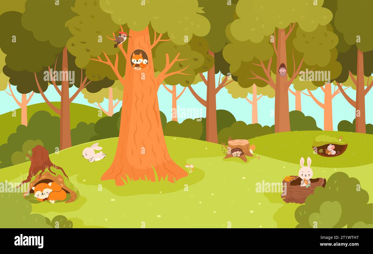 Prairie forestière avec animal dans des trous. Les animaux des bois dans les terriers dorment et mangent. Écureuil mignon et pic-bois, renard endormi, paysage vectoriel nowaday Illustration de Vecteur
