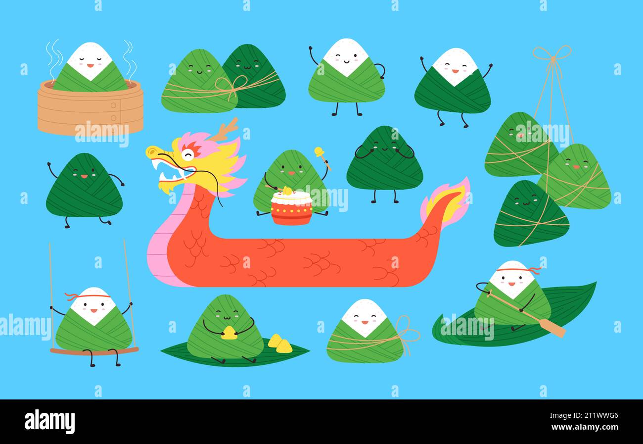 Mignons boulettes de riz de dessin animé et bateau dragon. Boulettes asiatiques, personnages de cuisine orientale. Zongzi pour festival, drôle de collection de vecteur racé chinois Illustration de Vecteur