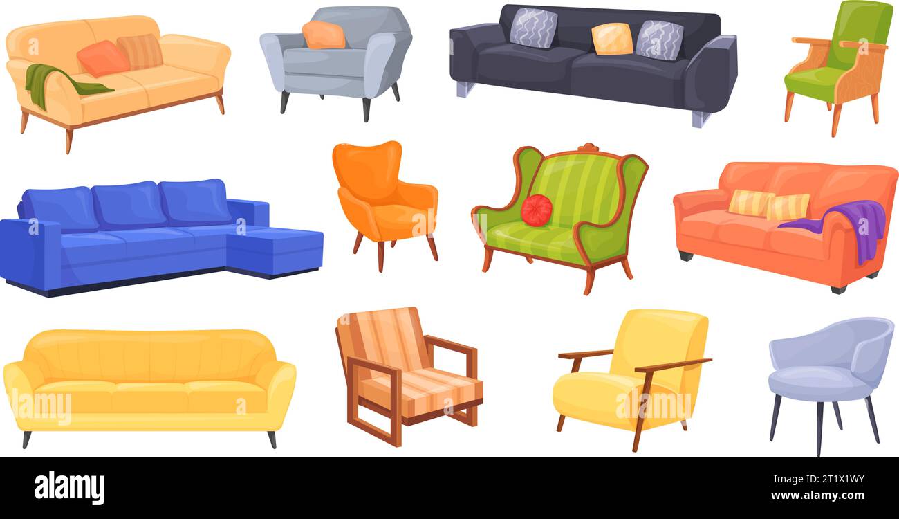 Canapés et fauteuils de dessin animé. Fauteuil canapé isolé chaise molle vintage pour se détendre dans le salon bureau moderne ou home studio décor intérieur, canapé divan illustration vectorielle de canapé et fauteuil Illustration de Vecteur