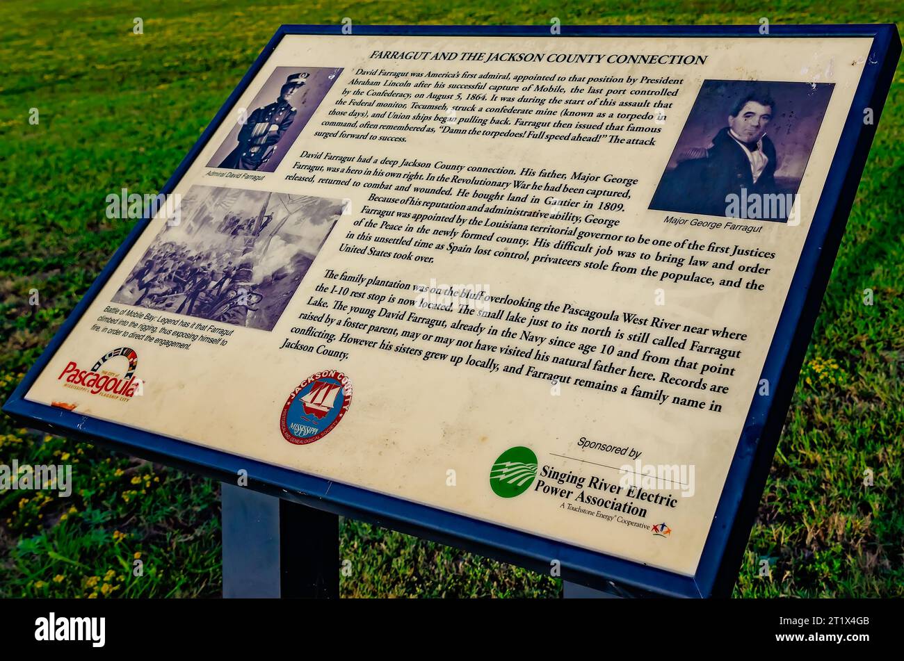 Un panneau au parc de la rivière Pascagoula raconte l'histoire de l'amiral David Farragut, le 7 octobre 2023, à Pascagoula, Mississippi. Banque D'Images
