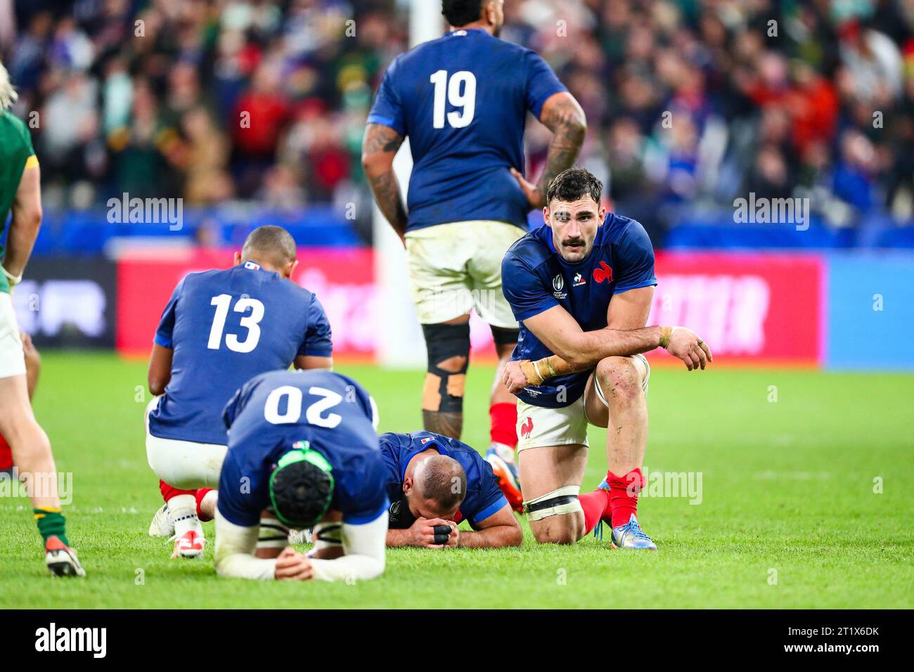 Gael Fickou #13 de France, Francois Cros #20 de France, Reda Wardi #17 de France, Romain Taofifenua #19 de France et Charles Ollivon #7 de France lors du match de quart de finale de la coupe du monde de rugby 4 entre la France et l'Afrique du Sud au Stade de France le 15 octobre 2023 à Paris, France. Photo Baptiste Paquot/ABACAPRESS.COM crédit : Abaca Press/Alamy Live News Banque D'Images