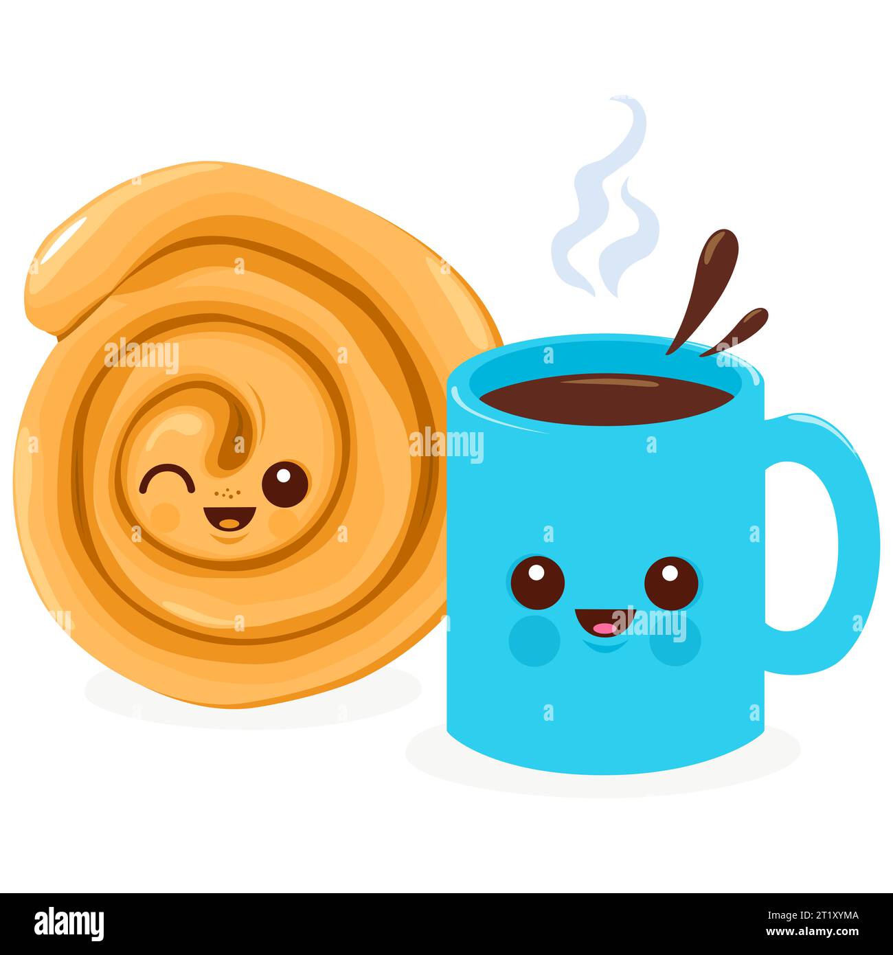 Tasse de café ou de thé avec rouleau de cannelle. Personnages de dessins animés mignons. Banque D'Images