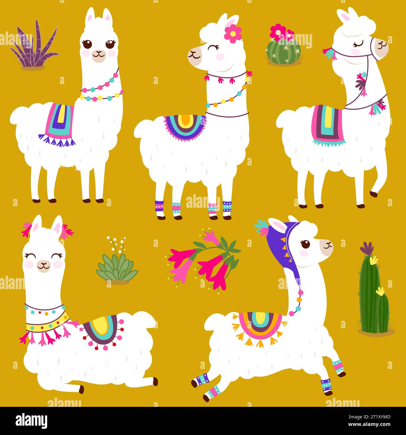 Animaux mignons lama ou alpaga avec cactus et accessoires traditionnels colorés. Banque D'Images