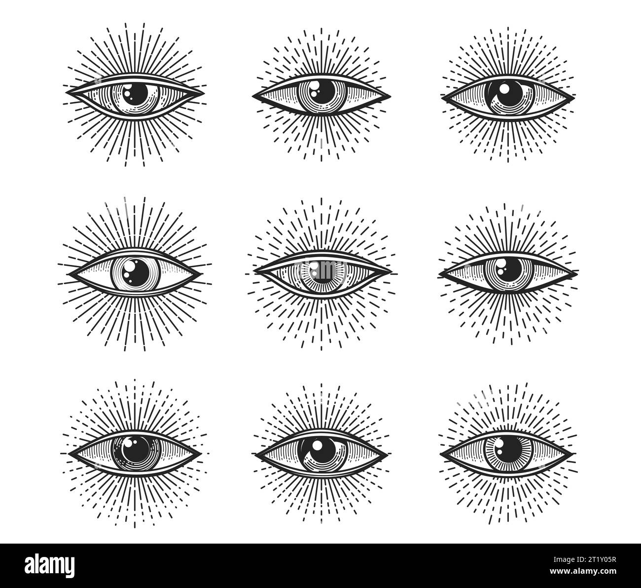 Oeil illuminati providence. Tatouage, symbole occulte ésotérique du franc-maçon. Vecteur spirituel, magique et mystique tous voyant oeil de Dieu signes ensemble de conspiration de franc-maçonnerie, alchimie ou amulette de religion occulte Illustration de Vecteur