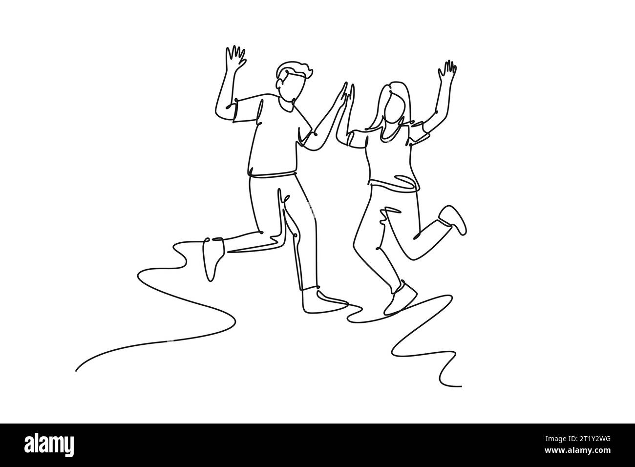Une seule ligne continue dessinant un jeune couple d'étudiants heureux sautant pour célébrer leur diplôme final d'examen ensemble. Conc. Éducation à la vie sur le campus Banque D'Images